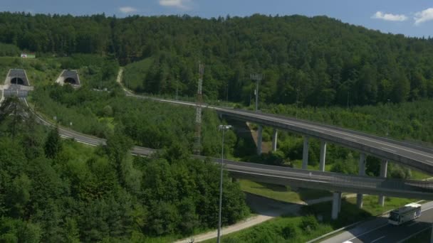 Aerial Cars Driving Motorway Junction Sunny Day — Vídeos de Stock
