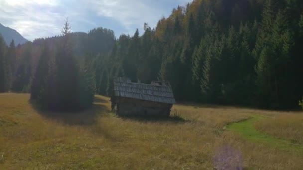 Aerial Old Collapsed House Glade Mountains — Stock Video