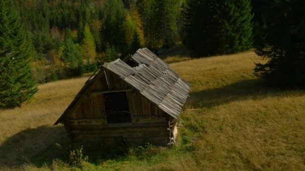 Aerial Cabana Pastor Velho Clareira Nas Montanhas — Vídeo de Stock