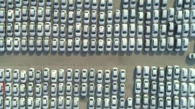 Endüstriyel liman otoparkında satılmayı bekleyen yepyeni arabalar.
