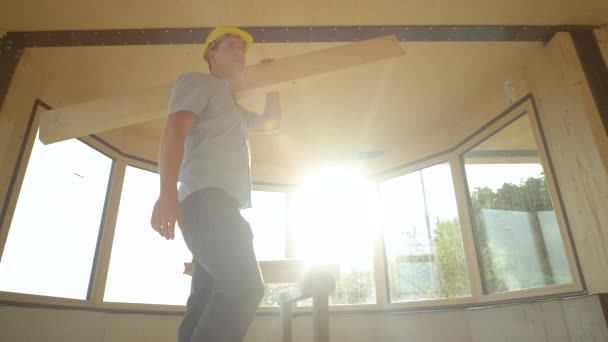 Slow Motion Low Angle Lens Flare Close Contractor Wearing Hard — Stock Video