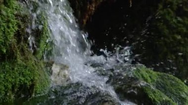 Yumuşak yosun kaplı kayalardan dökülen cam gibi bir orman akıntısının detaylı görüntüsü. Slovenya 'nın karanlık ve kasvetli ormanlarında akan kristal berrak dağ nehri