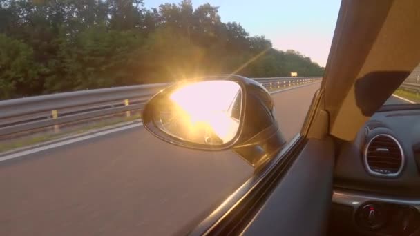 자세히 황금빛 푸르른 녹색의 자연에둘러 간선도로를 달리고 자동차의 거울에 반사되어 — 비디오