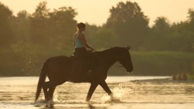 SLOW MOTION: Young woman riding a horse crosses a shallow river at sunrise.