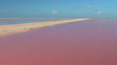 Kadın gezgin, Meksika 'nın pembe tuz göllerinden geçen boş toprak bir yolda yürüyor. Güneşli bir yaz gününde Yucatan 'daki canlı pembe tuz çiftliğini keşfeden genç bir kadının Drone bakış açısı.