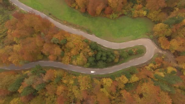 Aerial Top Einsames Touristenauto Fährt Gemächlich Eine Serpentinenstraße Entlang Die — Stockvideo