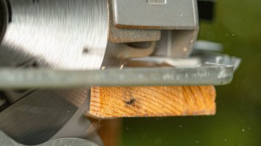 Daire şeklinde testere, marangozun tezgahındaki bir tahta parçasını keser. Ahşap bir tahtayı keserken büyük bir marangozun testeresinden talaş uçar. Tahtayı kesen metal bıçak..