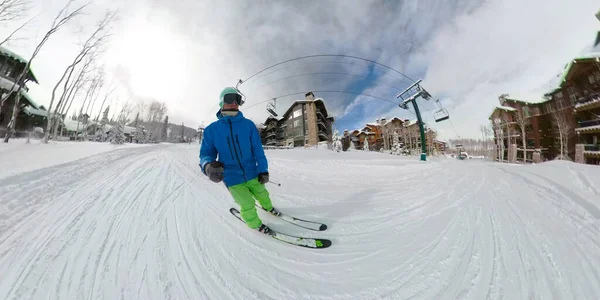 Overcapture Selfie Male Tourist Enjoys Skiing Groomed Piste Ski Lift — Stock Photo, Image
