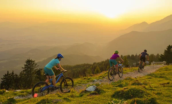 Lens Flare Four Young Travelers Ride Mountain Bikes Downhill Sunrise 图库图片