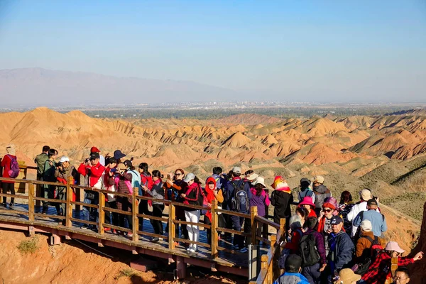 Rainbow Mountains China October 2018 Masses Tourists Move Wooden Walkway Stock Image