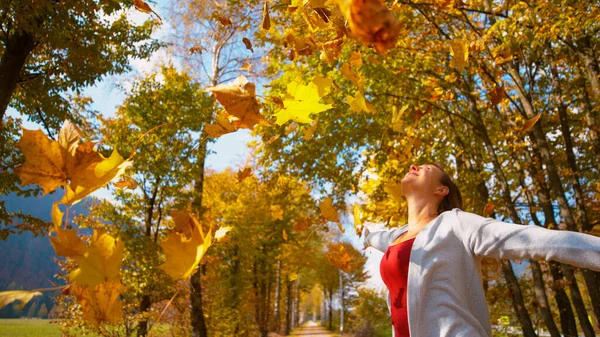 在十月的一个美丽的日子里 年轻的女人在公园里轻松地散步时 抛出了一堆干枯的树叶 当树叶从天而降时 笑着的白人女孩伸出了双臂 免版税图库图片