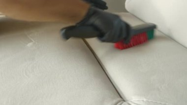 Brushing the sofa surface to remove dirt and disperse cleaning product. The initial deep cleaning process of upholstered furniture as a mandatory household chore during spring-cleaning