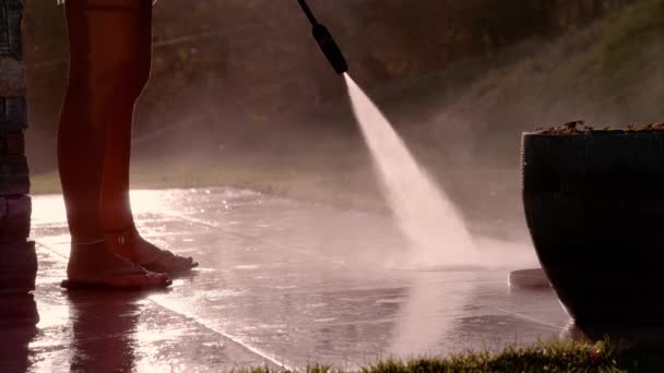 Slow Motion Close Woman Washes Terrace Floor High Pressure Cleaner — Vídeo de stock
