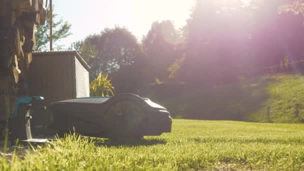 Lens Flare Close Electric Mower Recharges Battery Continues Mowing Robotic — Wideo stockowe