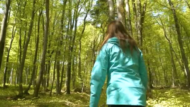 Chiusura Foresta Primaverile Con Una Graziosa Signorina Che Passeggia Sotto — Video Stock