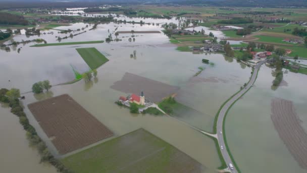 Aerial Church Dry Island Middle Large Area Flooded Fields Extensive — Stock Video