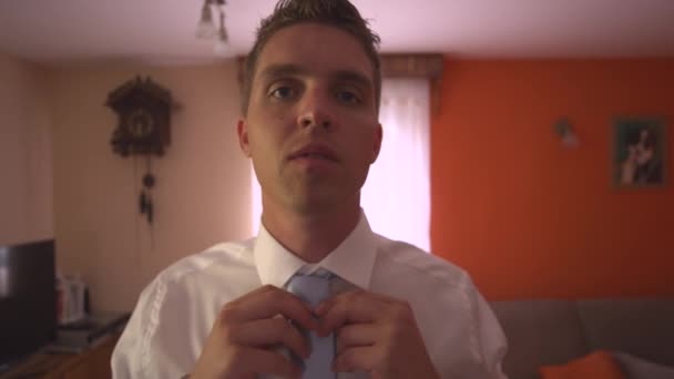 Portrait Close Handsome Groom Adjusting His Tie Knot Wedding Ceremony — Stock Video