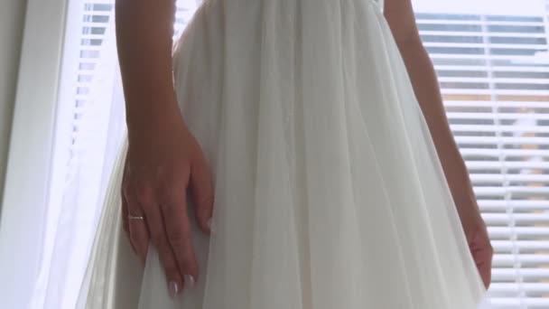 Zamknij Wspaniała Panna Młoda Pięknej Białej Sukni Przygotowuje Się Ślubu — Wideo stockowe