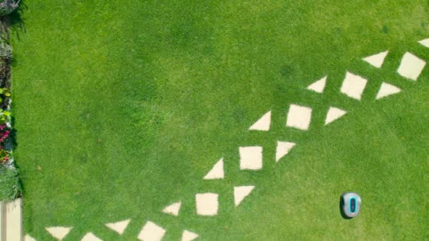 Aerial Top Kosiarka Elektryczna Przycinająca Zieloną Trawę Zadbanym Ogrodzie Autonomiczne — Wideo stockowe