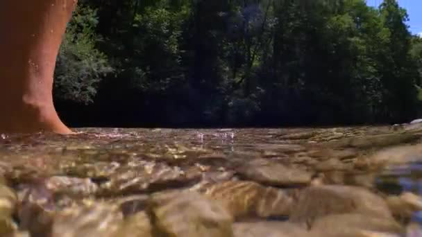 Çıplak Ayaklı Kadın Temiz Dağ Nehrinde Çakıl Taşları Üzerinde Yürür — Stok video