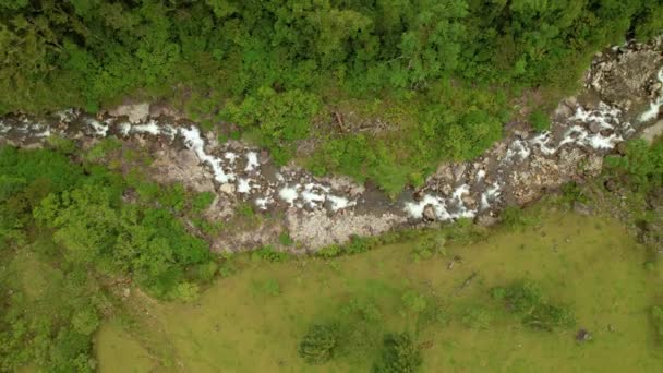 Aerial Top 巴拿马高地的卡尔德拉河的白色急流 清澈的河流蜿蜒流过多山的大自然 长满了茂密的热带雨林 中美洲未遭破坏的景象 — 图库视频影像