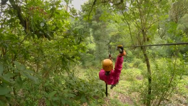 Mladá Žena Klouže Zipline Přes Svěží Vrcholky Stromů Divokém Deštném — Stock video