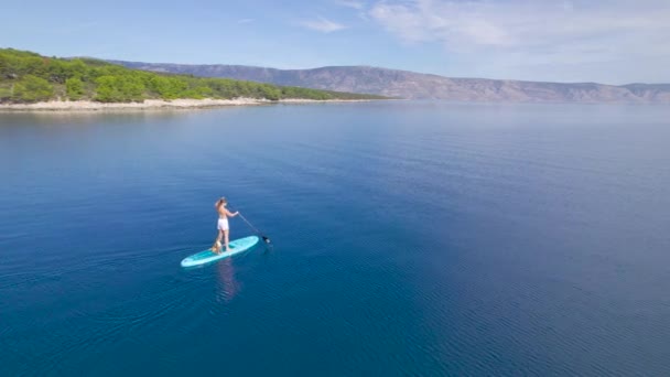 Hvar Island クロアチア 2023 美しい海岸と青い海女性と彼女の犬がSupで漕いでいます 周辺のビーチや自然を探索し 楽しむための美しいスポーツ活動 — ストック動画