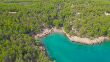 Hvar adasının güzel küçük koylarında sersemletici açık mavi deniz suyu. Kayalık bir sahil boyunca dağılmış ve Adriyatik Denizi 'ndeki bir adada çam ormanlarıyla çevrili pitoresk deniz koyları..