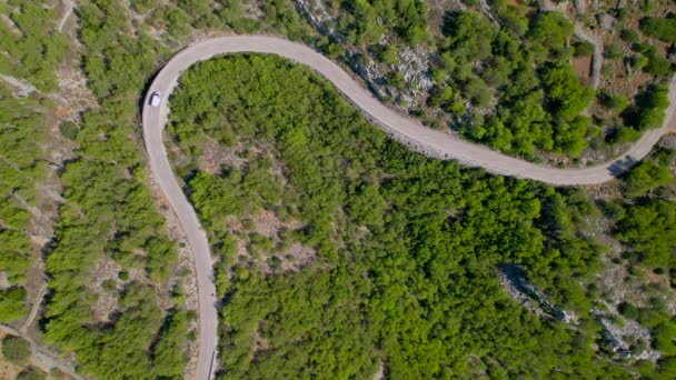 Aerial Top Car Driving Winding Road Rugged Adriatic Landscape Picturesque — Stock Video