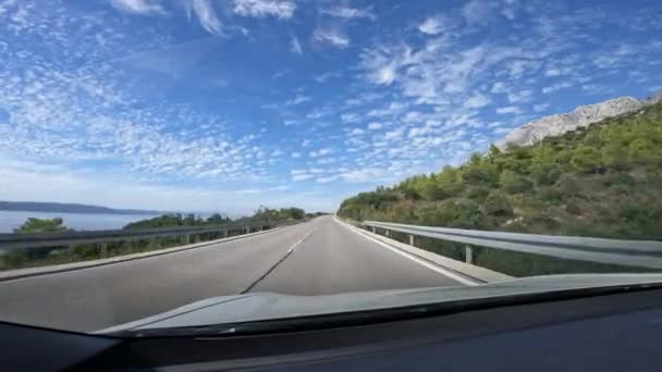 View Windshield Car Driving Adriatic Landscape Panoramic Drive Picturesque Coastline — Stock Video