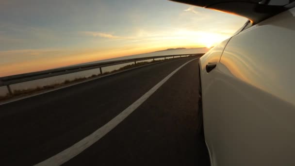 Lens Flare Malerische Autofahrt Goldenen Sonnenlicht Entlang Der Adriaküste Roadtrip — Stockvideo