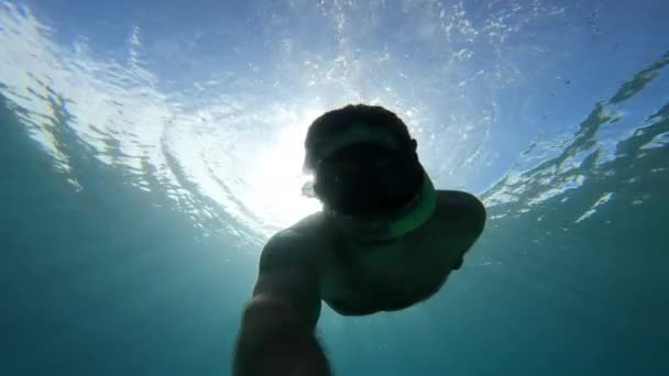 Agua Superior Hombre Sumerge Agua Mar Azul Claro Mientras Bucea — Vídeos de Stock