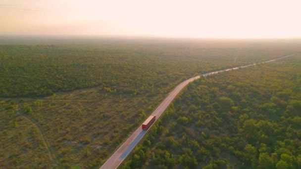 Aerial Czerwony Kontener Ciężarówka Jazdy Wzdłuż Adriatyku Krajobraz Złotym Słońcu — Wideo stockowe