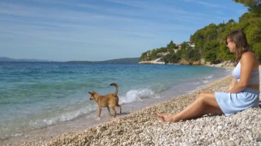 Adriyatik Denizi kıyısındaki güzel çakıl taşı plajının sahibi şirin bir köpekçik. Deniz kenarında köpekle takılan çekici genç bir kadın ve berrak dalgalı deniz suyunu seyrediyor..