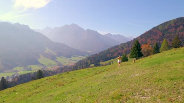 Dáma Během Podzimní Procházky Psem Louce Nad Alpským Údolím Užívá — Stock video