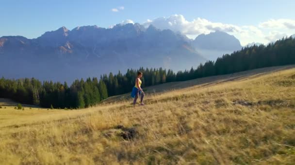 Aérien Une Femme Athlétique Grimpe Dans Une Prairie Montagne Pittoresque — Video