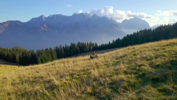 Aérien Femme Assise Sur Une Prairie Alpine Jouant Aller Chercher — Video