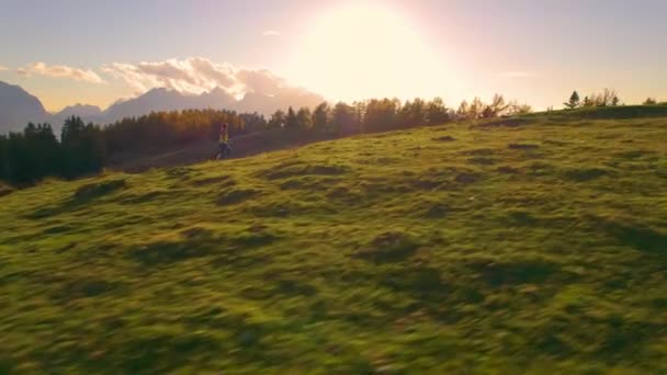 Золотой Свет Освещает Травянистый Альпийский Холм Женщина Бежит Своей Собакой — стоковое видео
