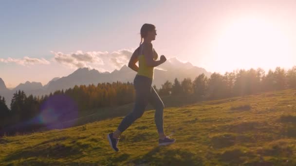 クラスアップ レンズフリー 日没の光の中で彼女の犬とジョギングスポーツウェアの女性 黄金の秋の太陽の最後の光が美しいアルプスの風景に流れ 絵のように美しいメドウの丘に沿って走る — ストック動画