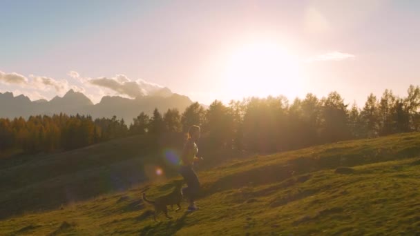 Клоуз Линс Удивительный Закат Дама Бегущая Вершине Холма Своей Собакой — стоковое видео