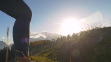 Yaklaş, LENS FlaRE: hayati bayan koşar ve raysız yol boyunca köpeğiyle atlıyor. Tanınmayan bir kadın, bir sonbahar gününde altın gün batımında çimenli dağın tepesinde koşuyor..