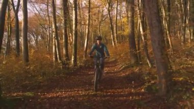 Sonbaharda renkli ormanda elektrikli bisiklete binen gülümseyen kadın. Etrafı parlak sonbahar yapraklarıyla çevrili bisiklet sürmekten zevk alıyor. Güzel ormanlarda yapraklarla kaplı bir patika boyunca..
