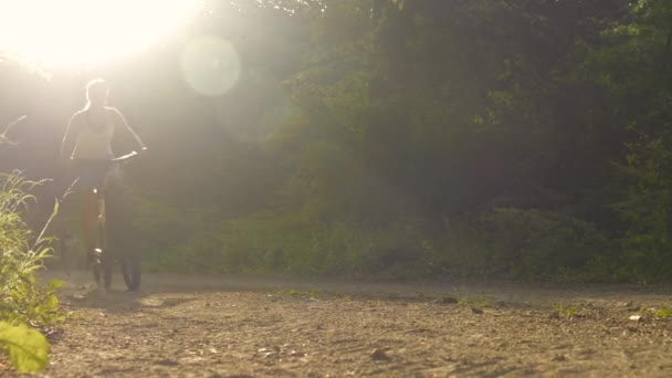 弗拉尔 骑电动自行车的健康女士沿着石子路骑着她的狗 在金秋的夕阳西下紧跟在后面 她和她的小狗沿着干枯的金刚鹦鹉小径飞奔 留下了一片片尘土 — 图库视频影像