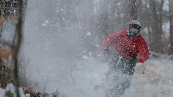 Slow Motion Dof Zamknij Się Mtb Rider Wyścigi Dryfuje Śnieżnym — Wideo stockowe