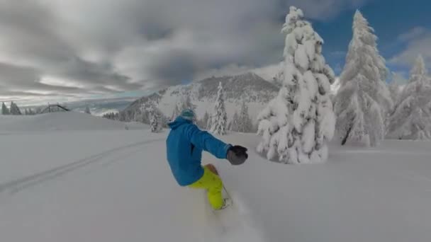 滑雪者喜欢在一个封闭的高山滑雪胜地骑新鲜的粉末雪 弗赖耶正在雪地的云杉树间雕刻着美丽的白山美景 高地的冬季童话 — 图库视频影像
