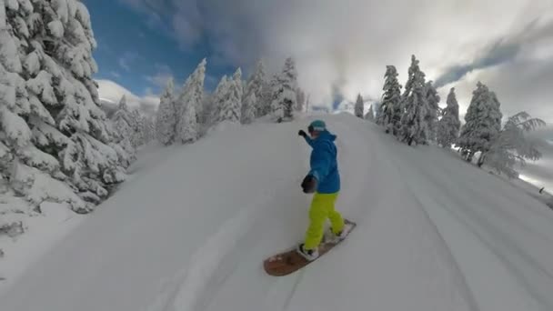 Aktív Fiatalember Egy Mókás Snowboardozáson Havas Lucfenyők Között Snowboarder Élvezi — Stock videók