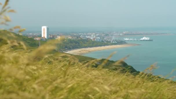 从悬崖上望去 绿草飘扬着 向海滨城镇伊斯特本驶去 那里有沙滩 摩天轮和海滨码头 夏天沿着英格兰南部风景秀丽的海岸进行探险和旅行 — 图库视频影像