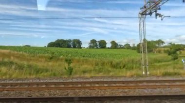 Güneşli bir günde güzel yeşil İngiliz kırsalında trenle seyahat etmek. Gözün alabildiğince uzanan tarımsal tarlalardan ve çayırlardan tren geçerken pencereden dışarı bakıyorum..