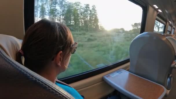 Νεαρή Γυναίκα Μοναχικός Ταξιδιώτης Κάθεται Στο Παράθυρο Μια Βόλτα Τρένο — Αρχείο Βίντεο