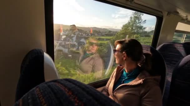 レンズ フリーア 若い女性は列車の窓に座り 美しい景色を鑑賞します 女性観光客は公共交通機関を利用して快適に旅行し 田舎の美しい景色を楽しむことができます — ストック動画